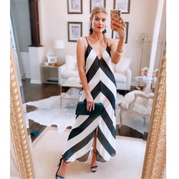 NWT CHRISTOPHER JOHN ROGERS Black White Stripe Chevron Midi Dress, Size 10 - Picture 2 of 10
